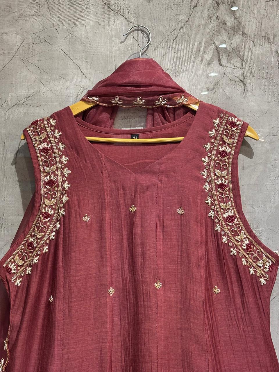“Pani" Wine Mul Chanderi Silk Anarkali Handwork Kurtha 515