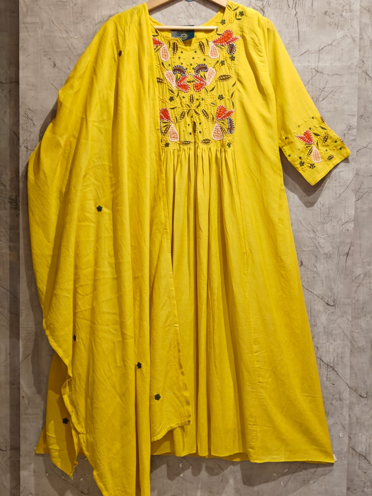 Yellow Mul Chanderi Anarkali Handwork Kurtha