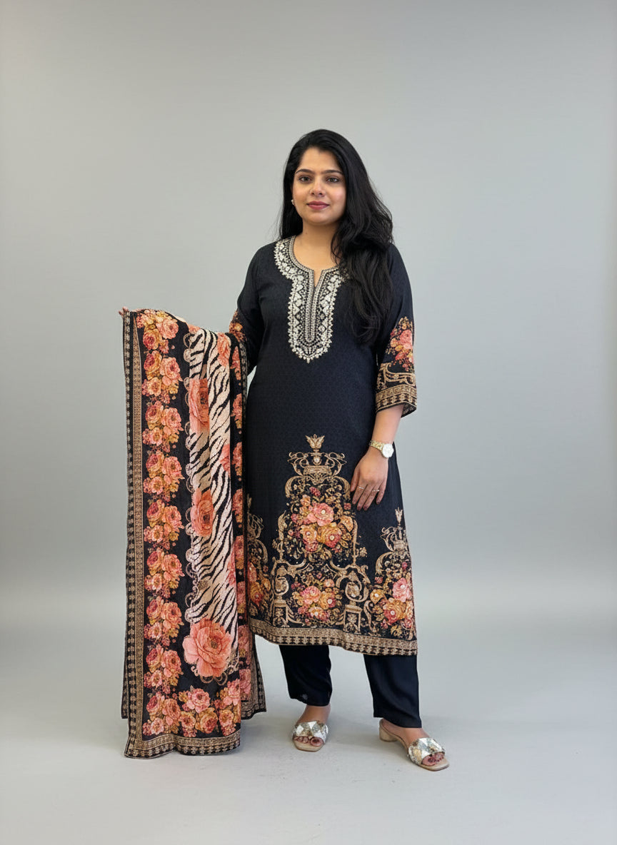 Black Digital Print Handwork Crepe Kurtha 533