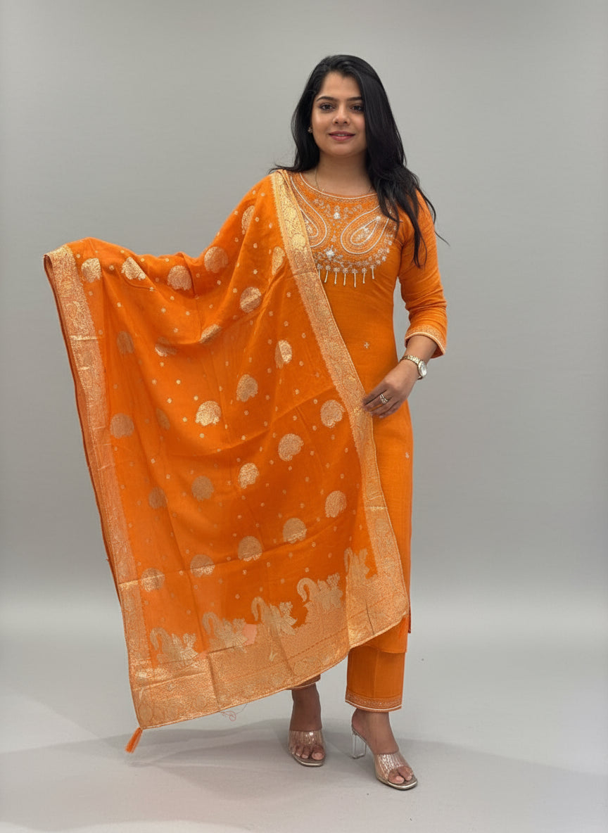 Orange Mul Chanderi  Embroidery Airline Kurtha 170