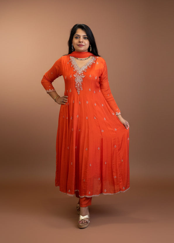 Orange Anarkali Chinnon Hand Embroidery Kurtha 567