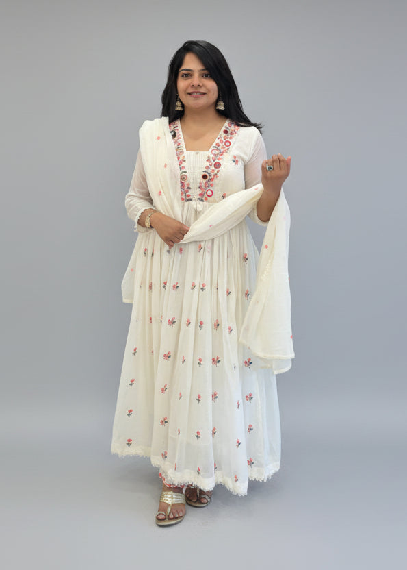 White Cotton Tread Embroidery Airline Kurtha