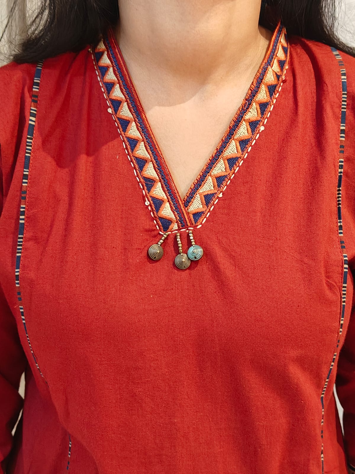 Maroon Cotton Thread Emboridery Straight Fit Kurtha