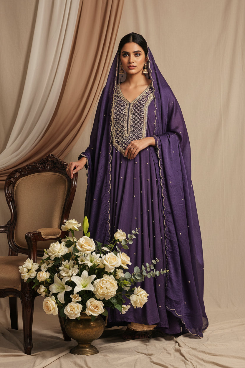 Dark Lilac Anarkali chinnon handwork party ware Kurtha 567