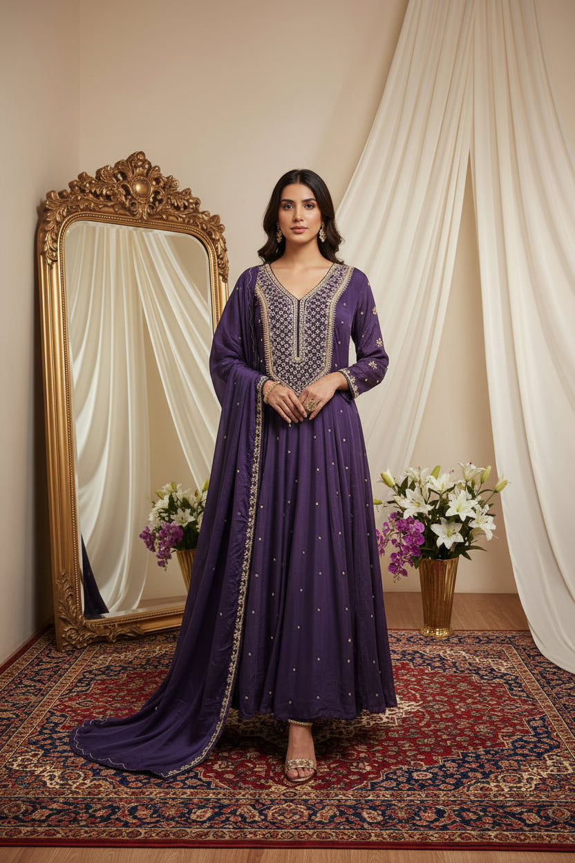 Dark Lilac Anarkali chinnon handwork party ware Kurtha 567