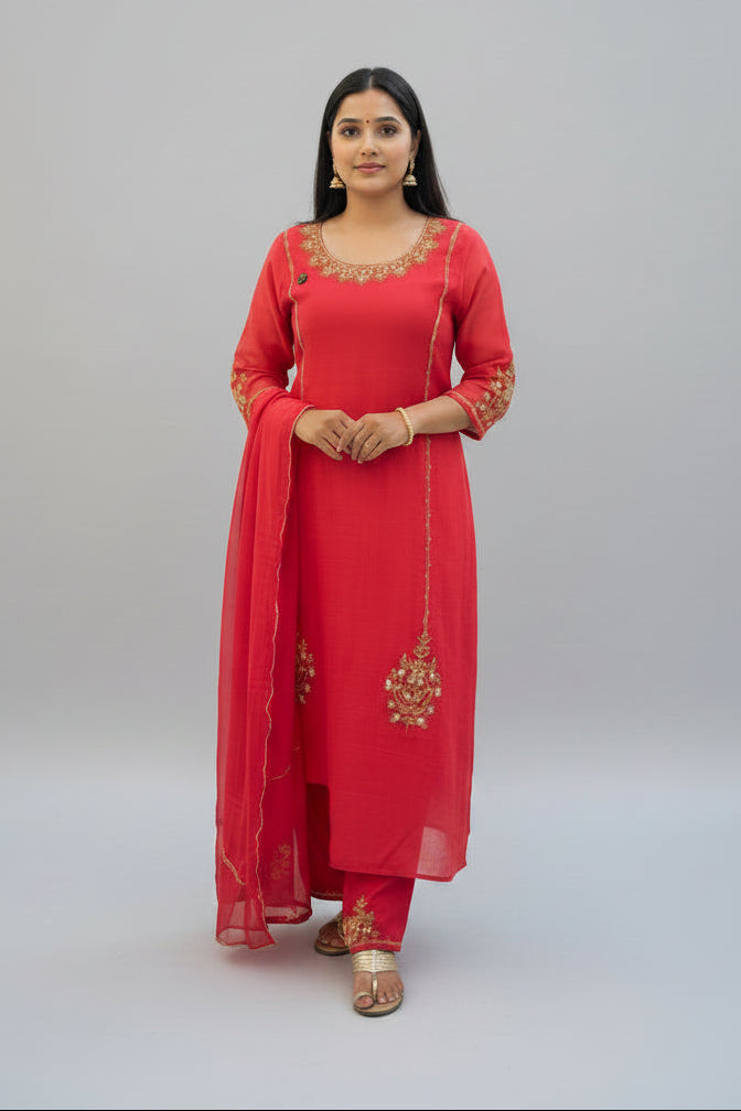 Pink Mul Chanderi Hand Embroidery A Line Kurtha 686