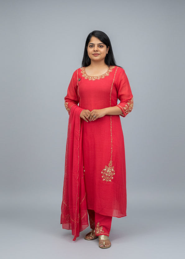 Pink Mul Chanderi Hand Embroidery A Line Kurtha 686