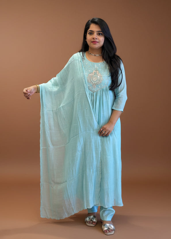 Blue Mul silk Thread Embroidery Airline Kurtha 909