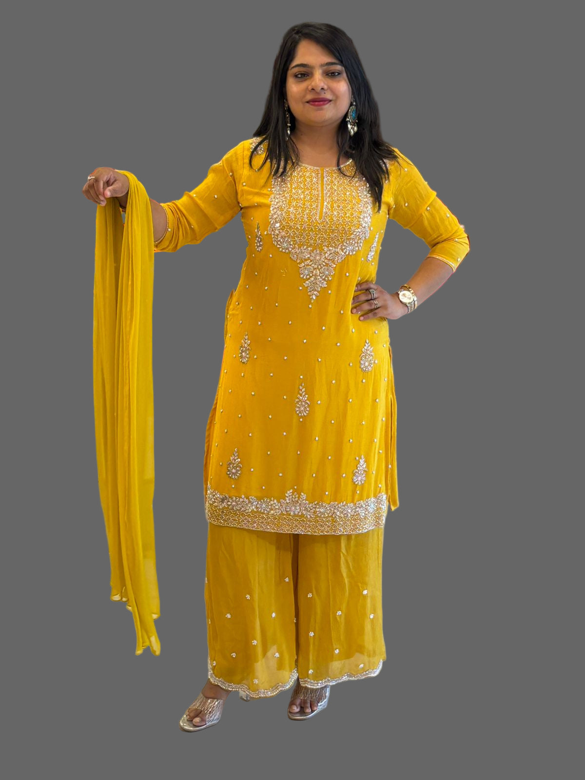 Yellow Chinnon Hand Embroidery Sharara Kurtha 301