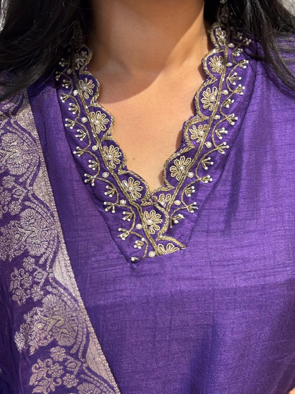 Purple  Dola Silk Kurtha 66 Hand Embroidery  with Banarasi Dupatta