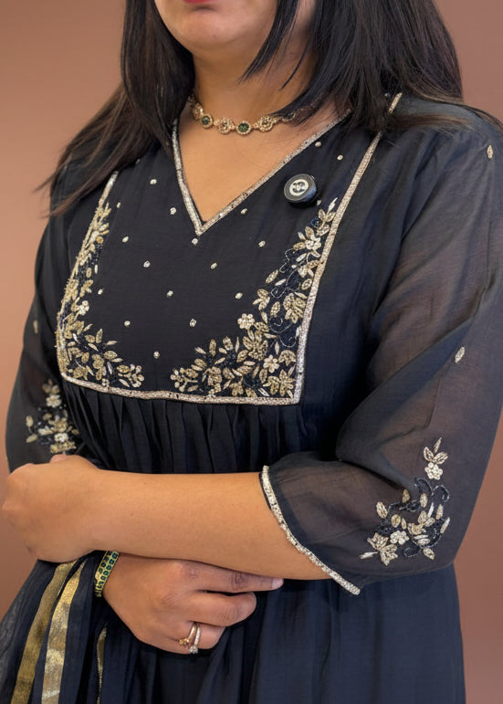 Black Mul Chanderi Hand Embroidery Anarkali Kurtha 228