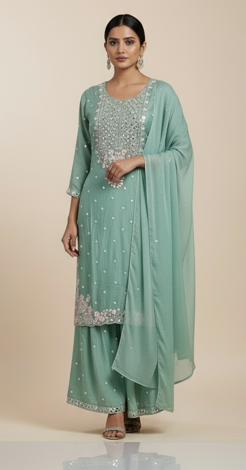 Blue Chinnon Hand Embroidery Sharara Kurtha 301
