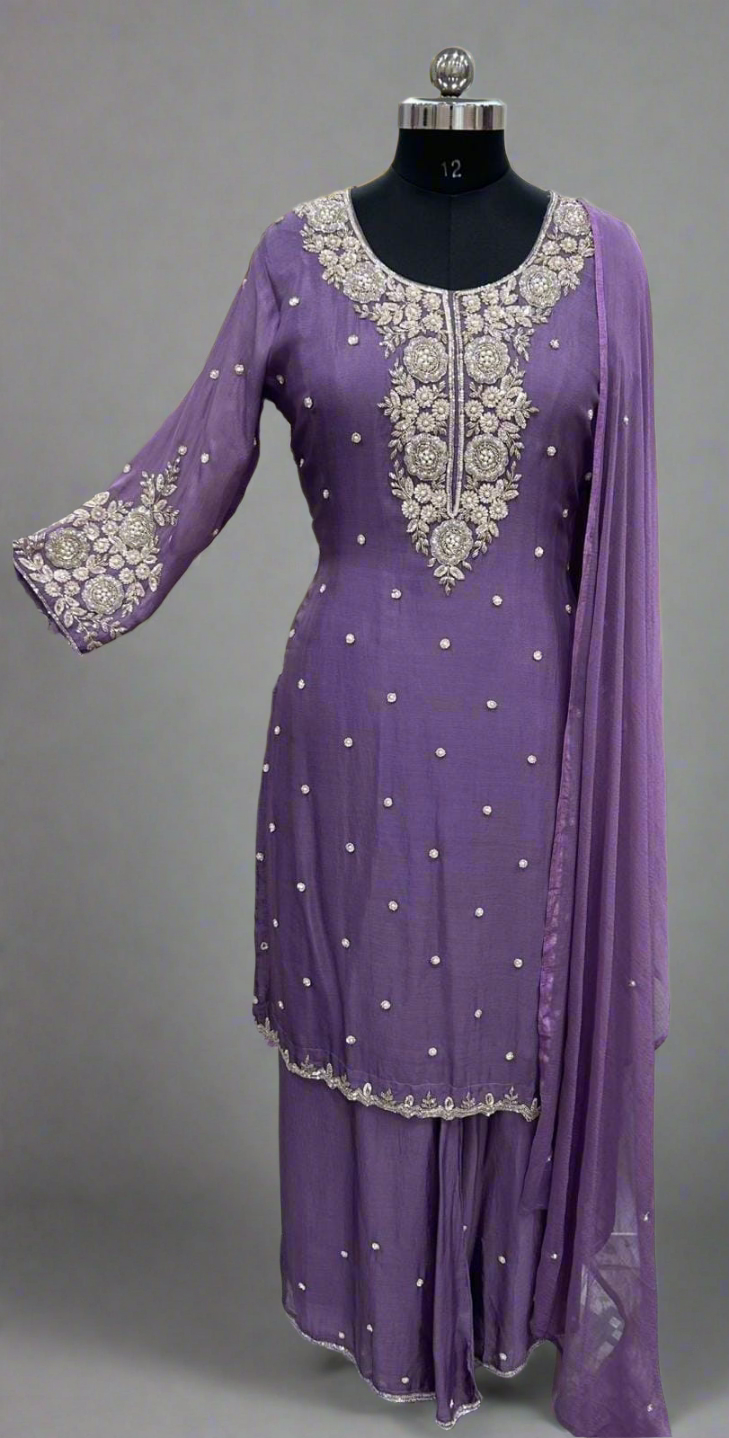 Purple Chinnon Hand Embroidery Sharara Kurtha 300
