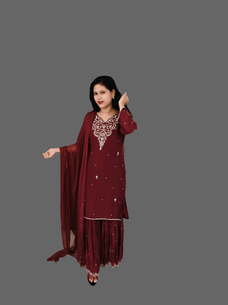"PARI"  Wine Designer Kurtha Set with Handwork and Palzoo Pant