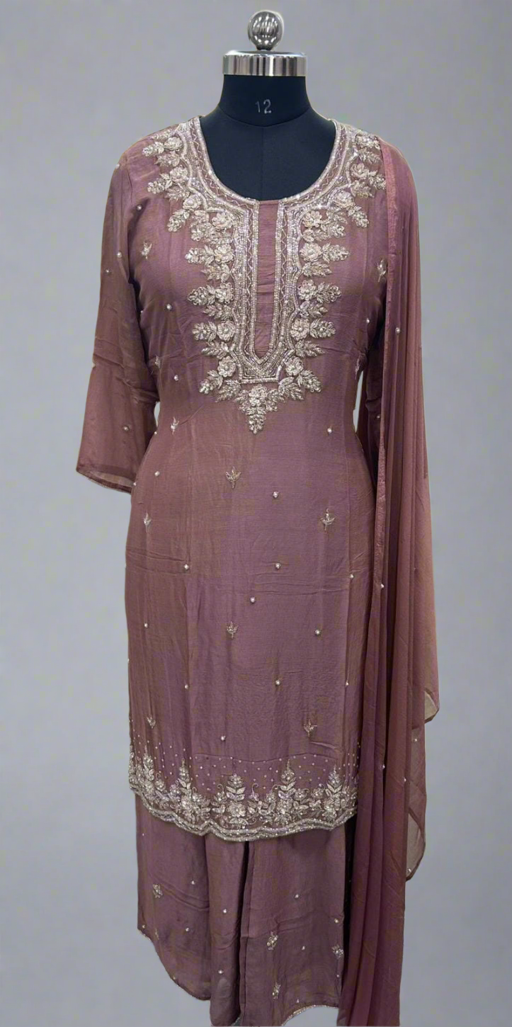 Brown Mauve Shade Chinnon Hand Embroidery Sharara Kurtha 464
