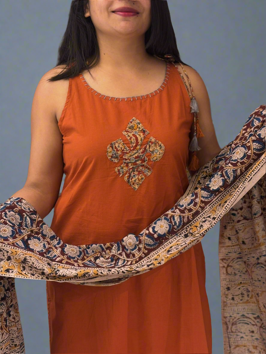 Orange Mul Cotton With Kalamakari Dupatta Kurtha 440