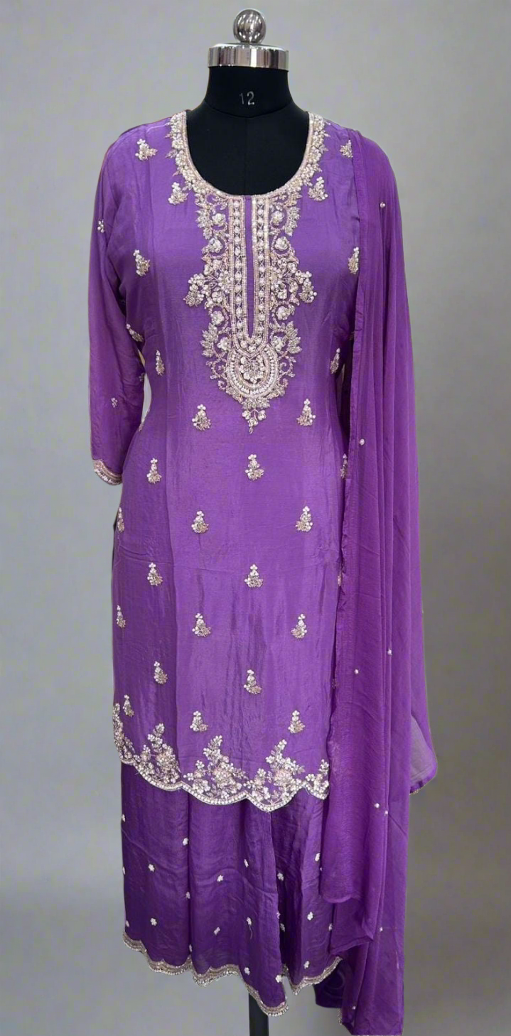 Purple Chinnon Hand Embroidery Sharara Kurtha 464