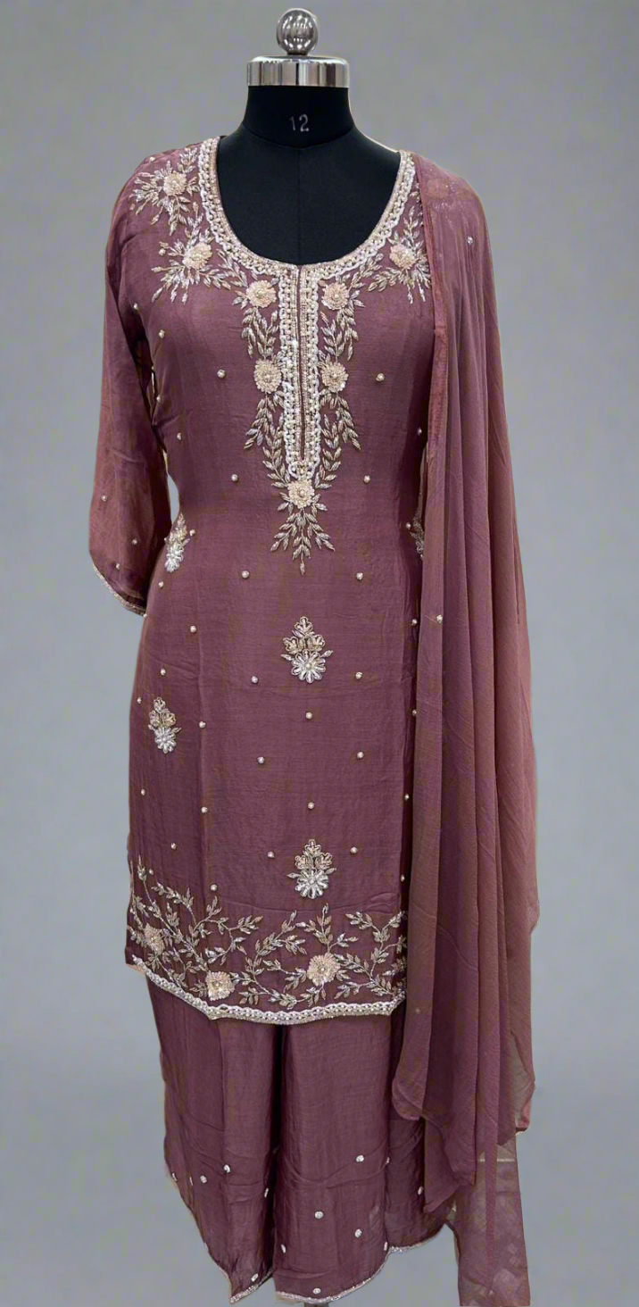 Onion Pink Chinnon Hand Embroidery Sharara Kurtha 300