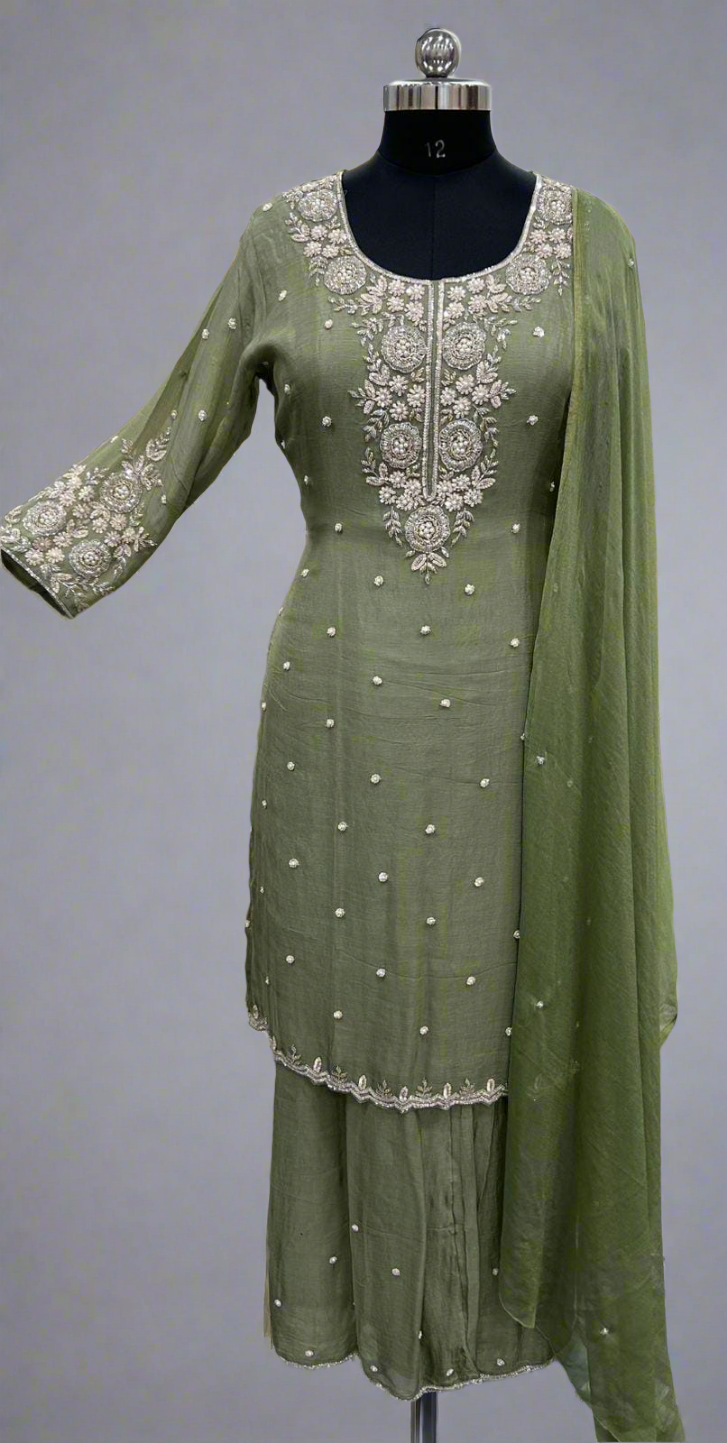Pista Green Chinnon Hand Embroidery Sharara Kurtha 464
