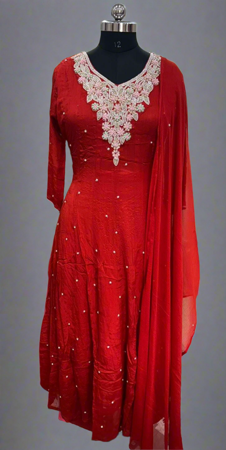 Red Anarkali Chinnon Handwork Partyware Kurtha 567