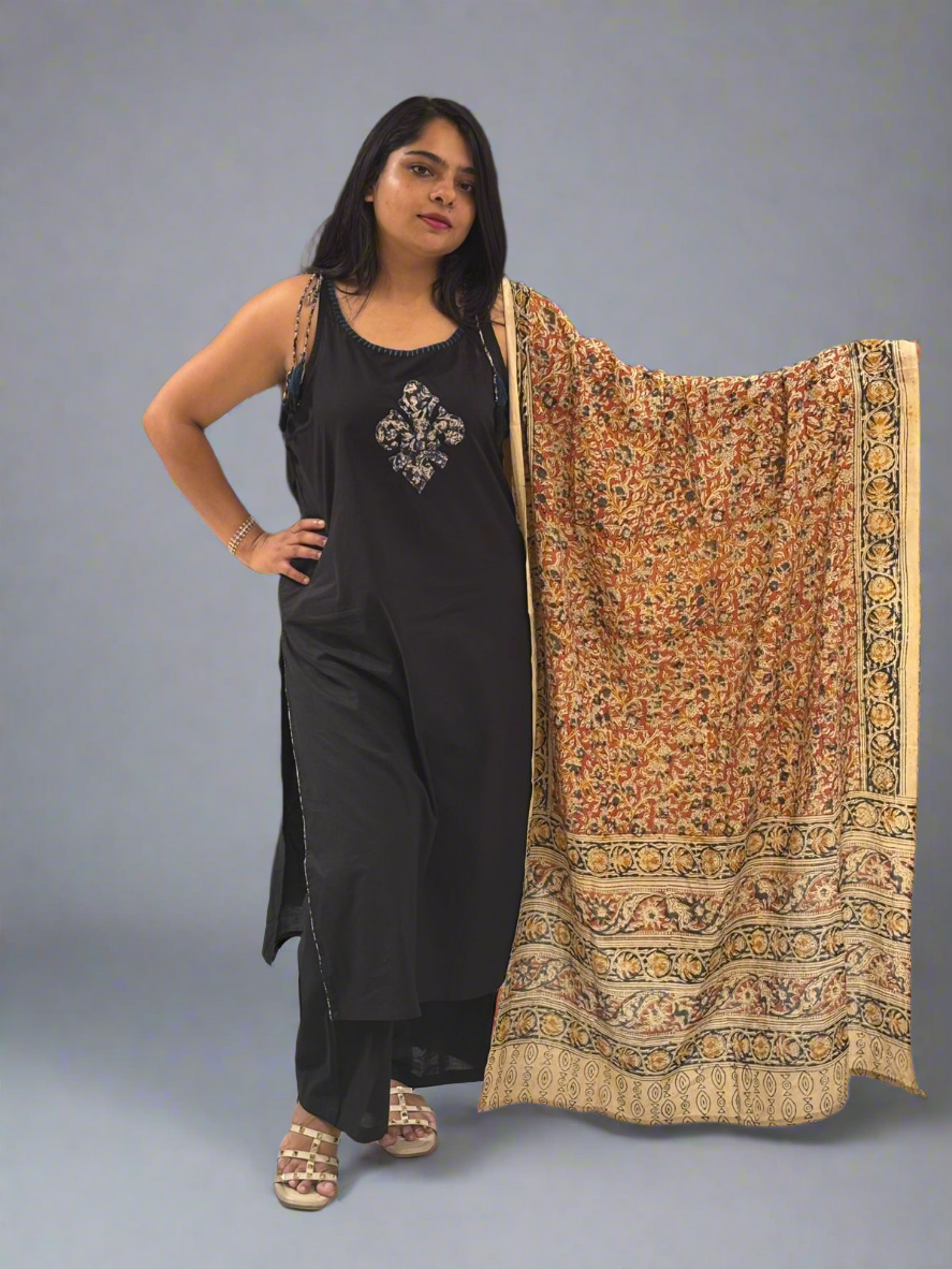Black Mul Cotton With Kalamakari  Dupatta Kurtha 440