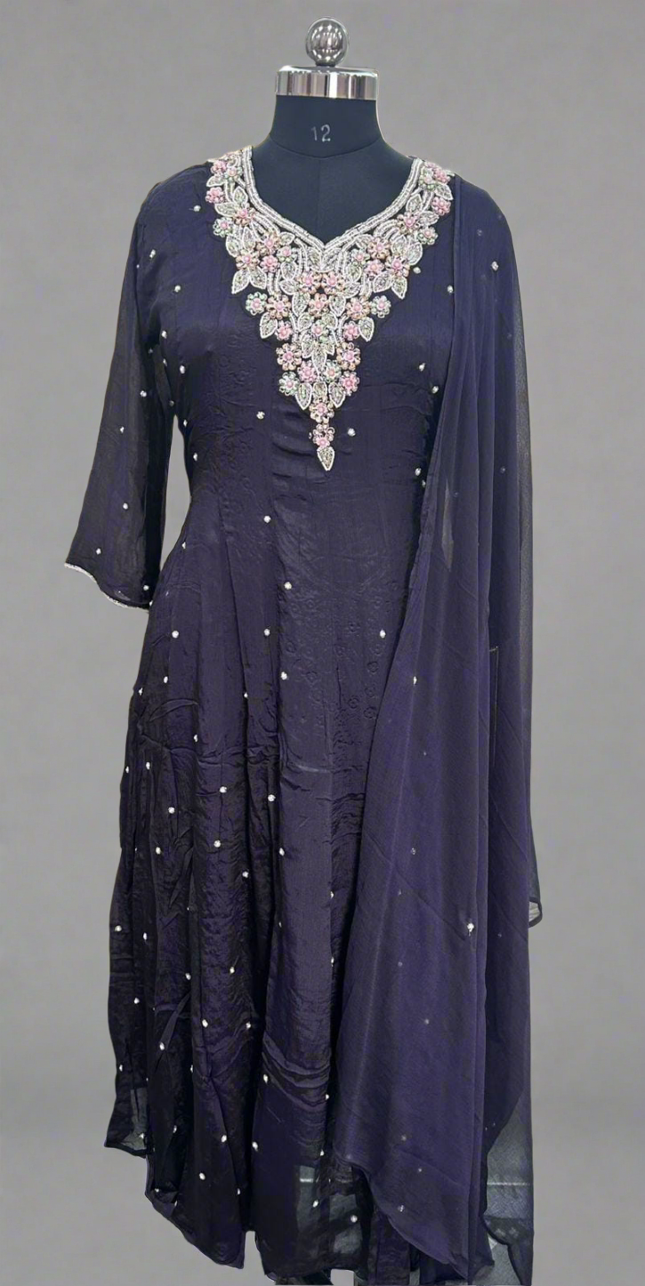 Black Anarkali Chinnon Handwork Partyware Kurtha 567