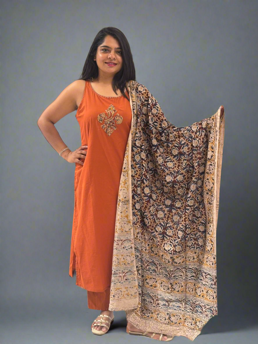Orange Mul Cotton With Kalamakari Dupatta Kurtha 440