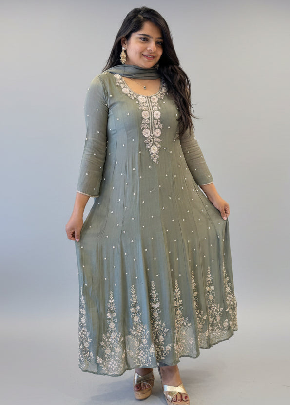 Grey Anarkali Chinnon Hand Embroidery Kurtha 567