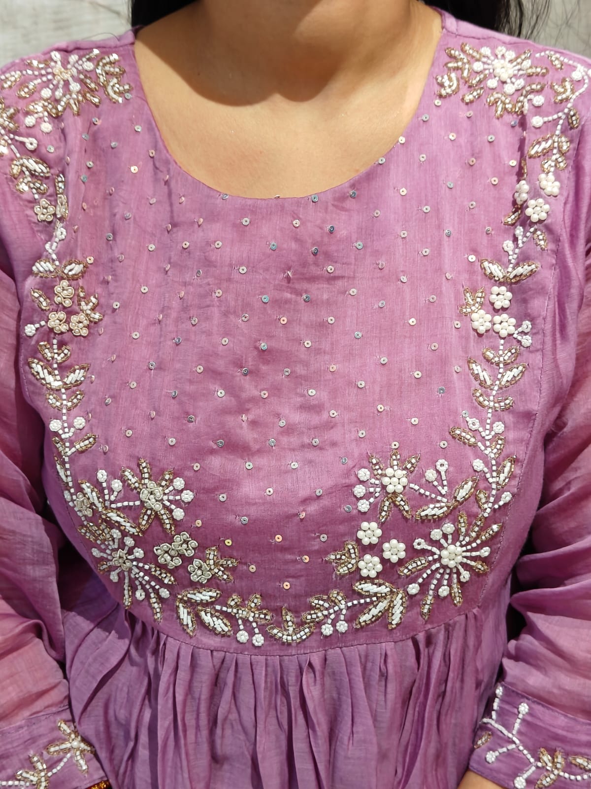 Pink Mul Chanderi Hand Embroidery Airline Kurtha093