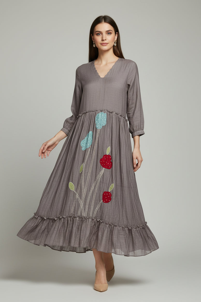 Gray Mul Chanderi Thread Embroidery Frock Kurtha 349