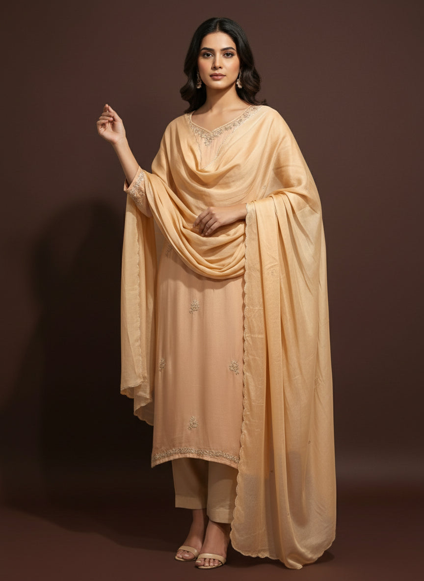 Peach Chinnon Crepe Handwork Partyware Kurtha 904
