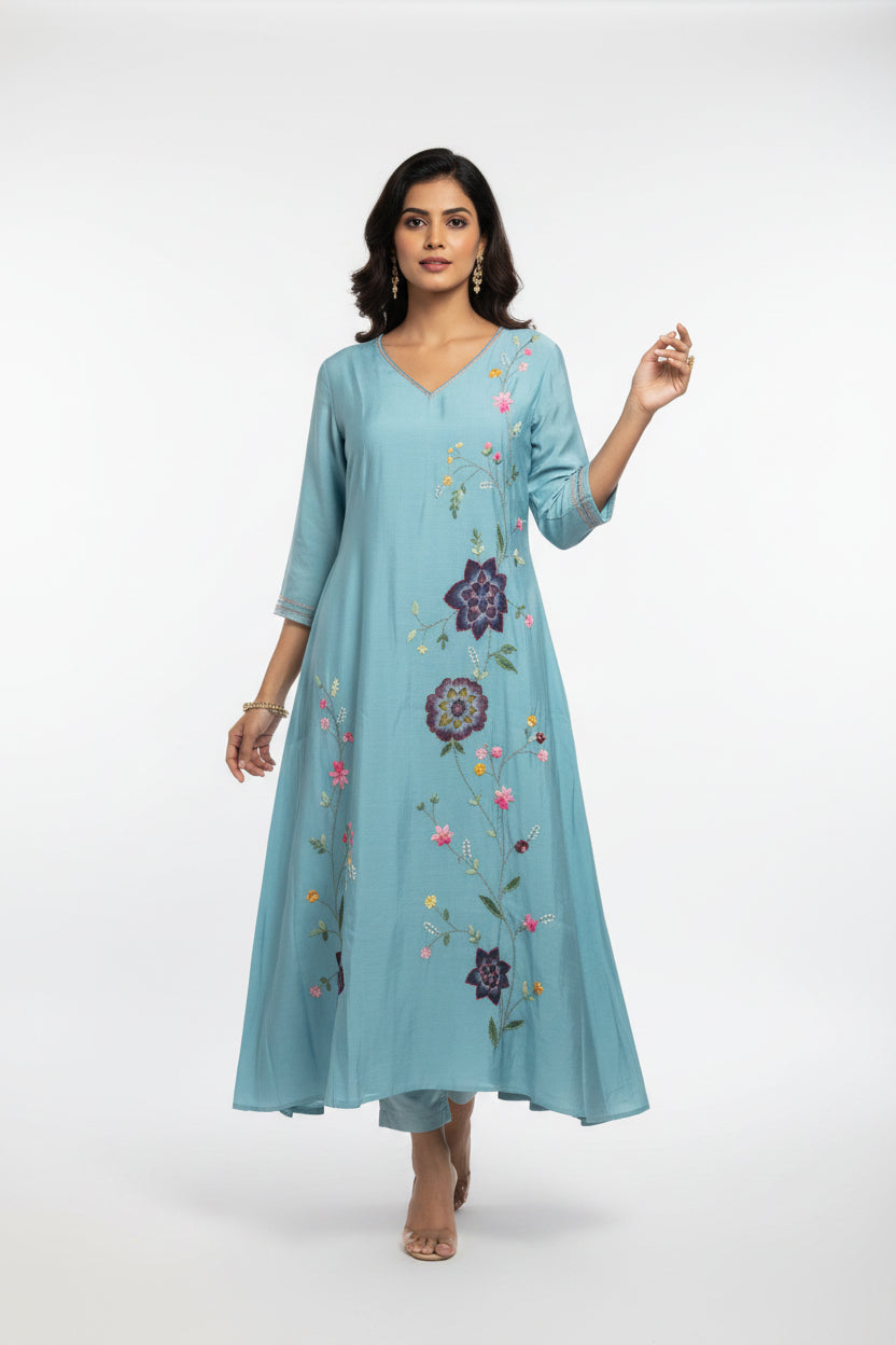 Blue  Mul Chanderi Thread Embroidery A Line Kurtha 63