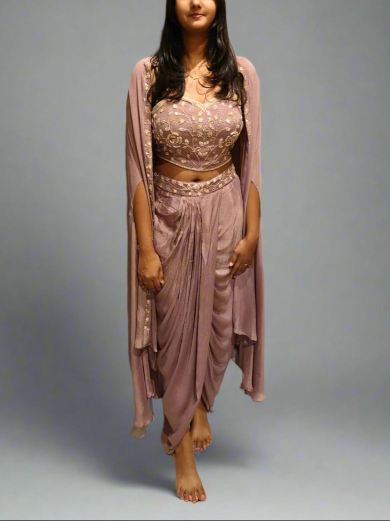 “Pari" Lilac Indo-western handwork Top, Skirt and Cape kurtha 42