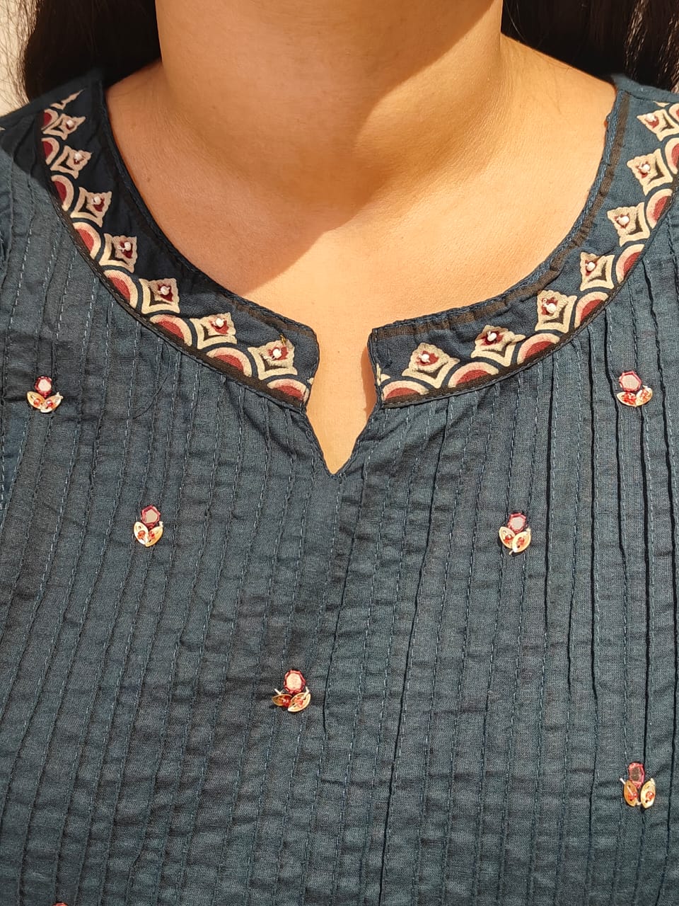 Steal Blue Cotton Embroidery Straight Fit Kurtha 606