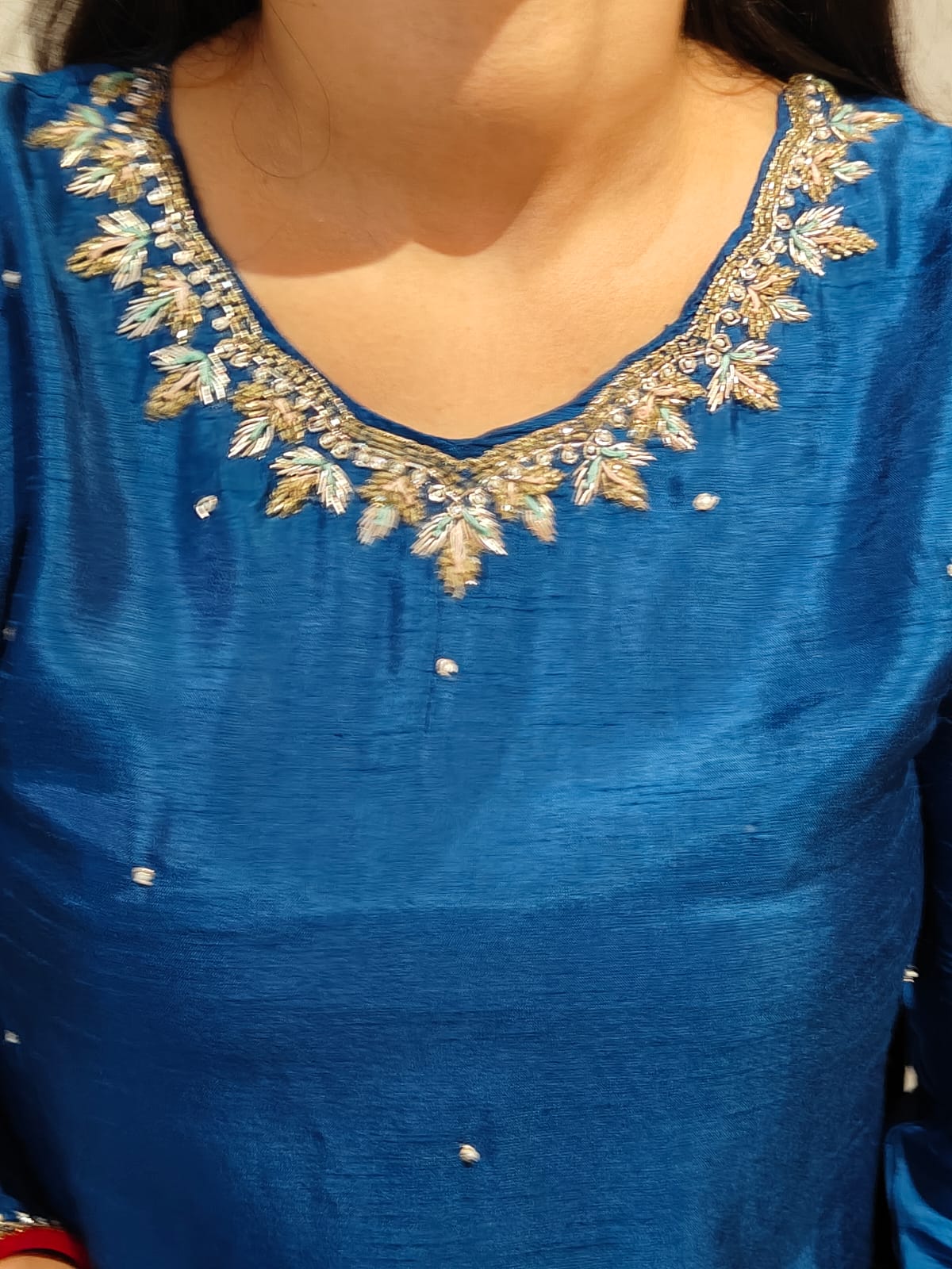 Dark Blue Dola Silk Hand Embroidery Straight Fit Kurtha 543