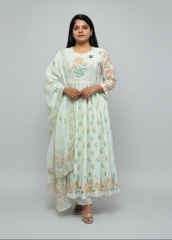 Pista Green Mul Cotton Block Print Anarkali Kurtha 837