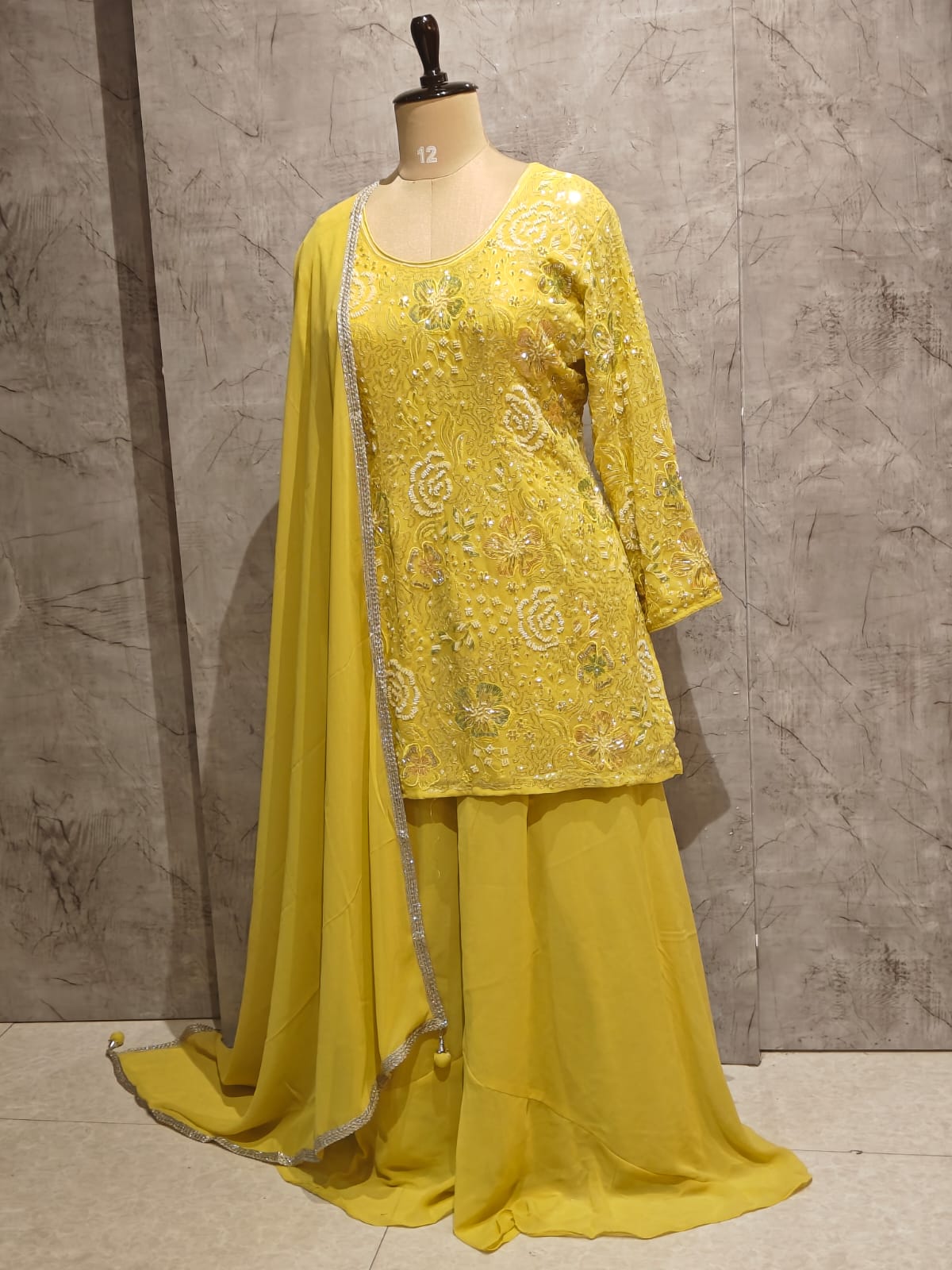 Yellow Chinnon Hand Embroidery Sharara Kurtha 301