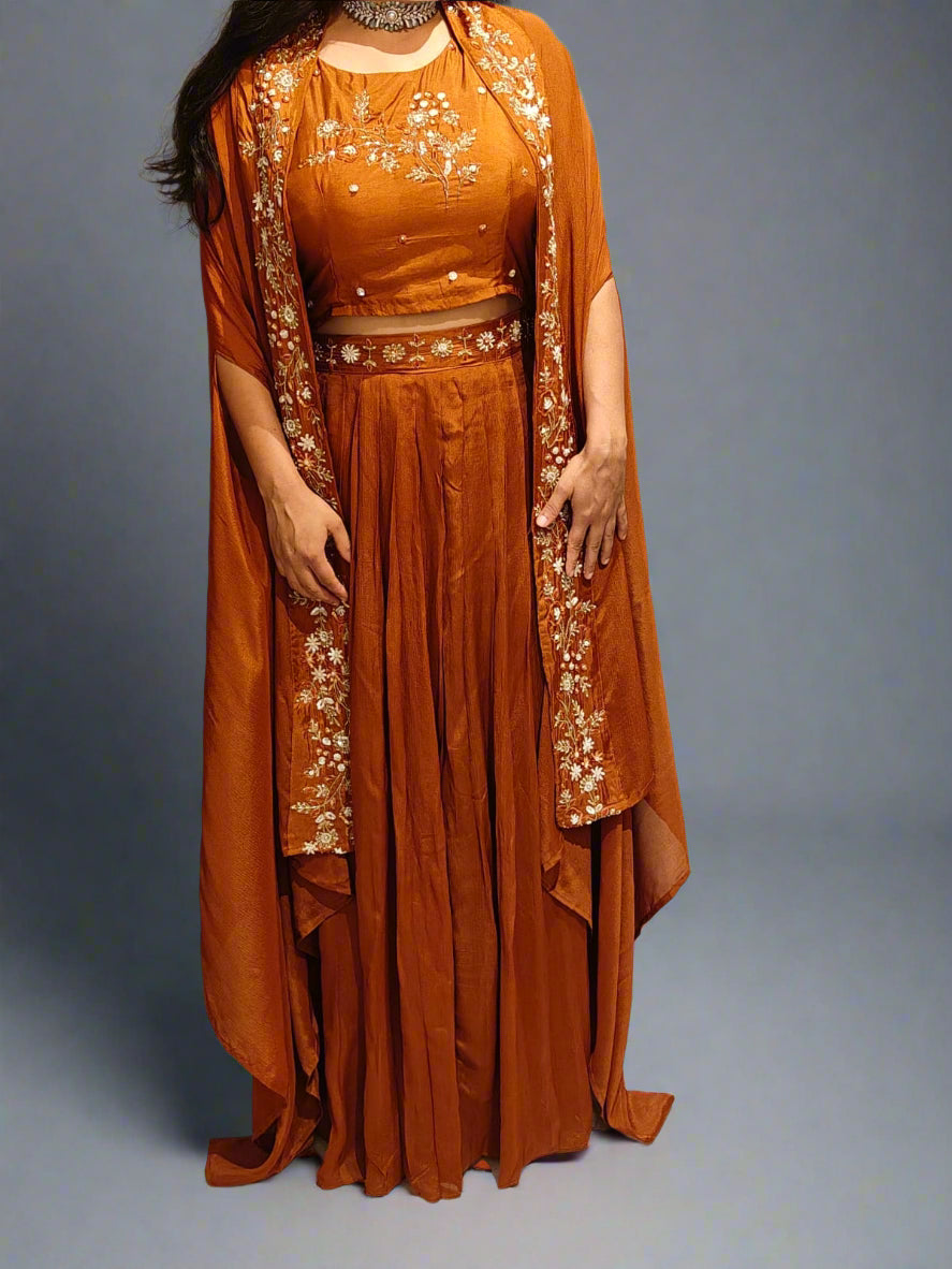 "PARI"  Mustard Brown Designer Kurtha Set with Handwork Top, Skirt and Cape Indo-western