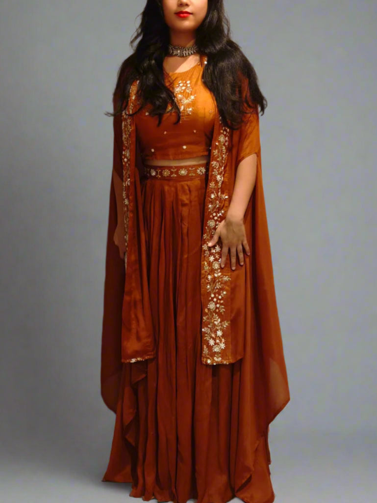 "PARI"  Mustard Brown Designer Kurtha Set with Handwork Top, Skirt and Cape Indo-western