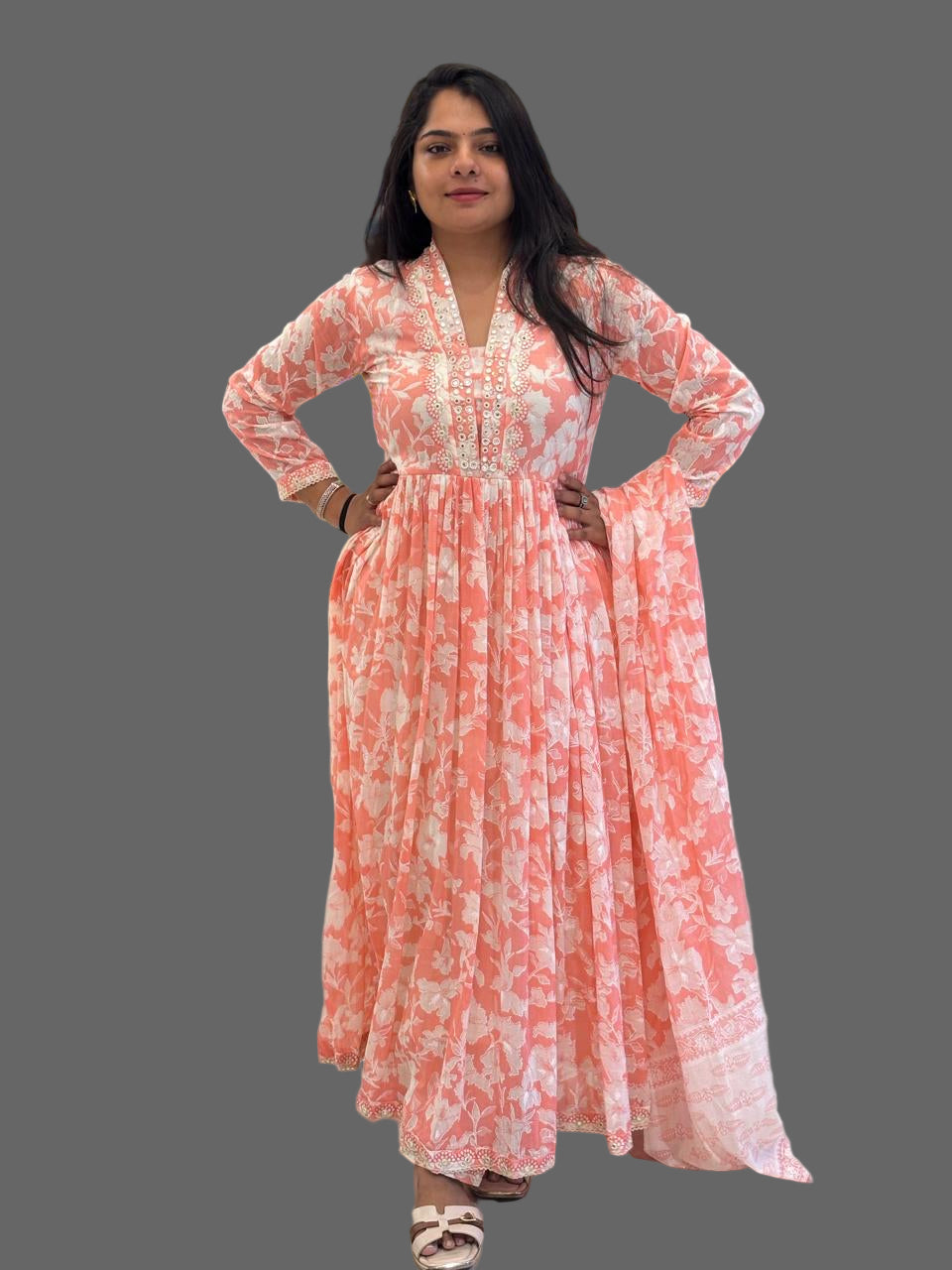 “Naya” Pink Mul Cotton 3pcs Kurtha suit with block prints and embroidery 242