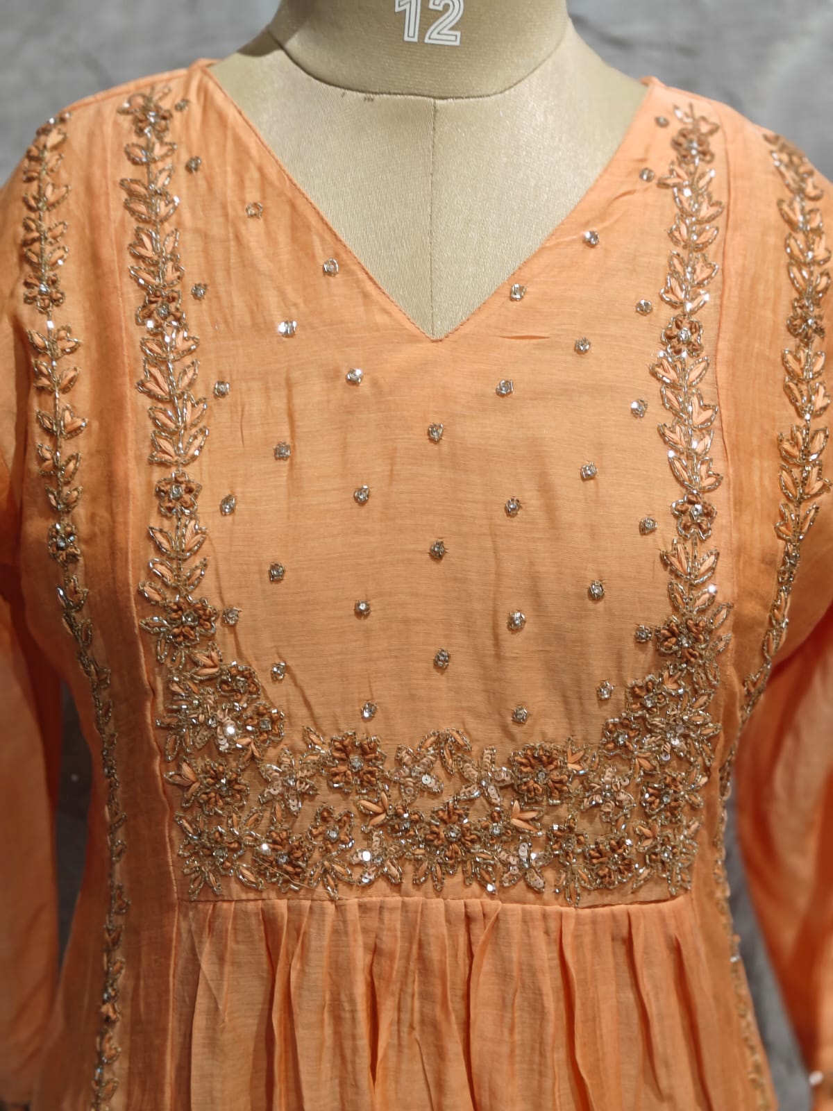 “Pani"Peach Mul Chanderi silk Kurtha suit with work hand embroidery 898