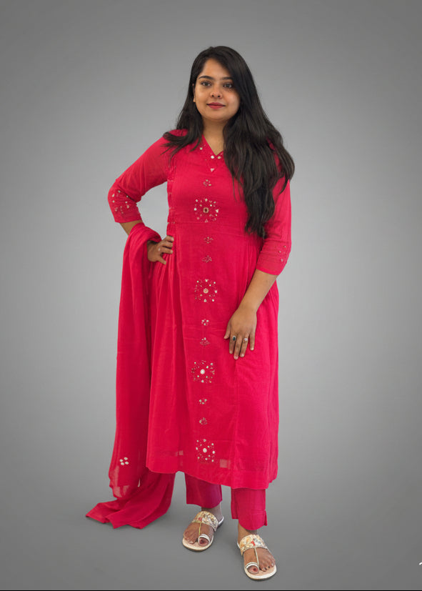 Pink Cotton Anarkali Mirror Work Kurtha 643