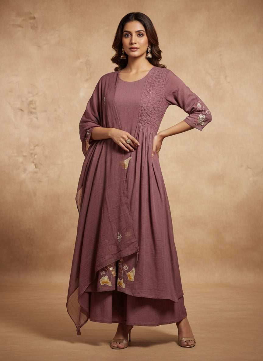Lavender Cotton Thread Embroidery Airline Kurtha 205