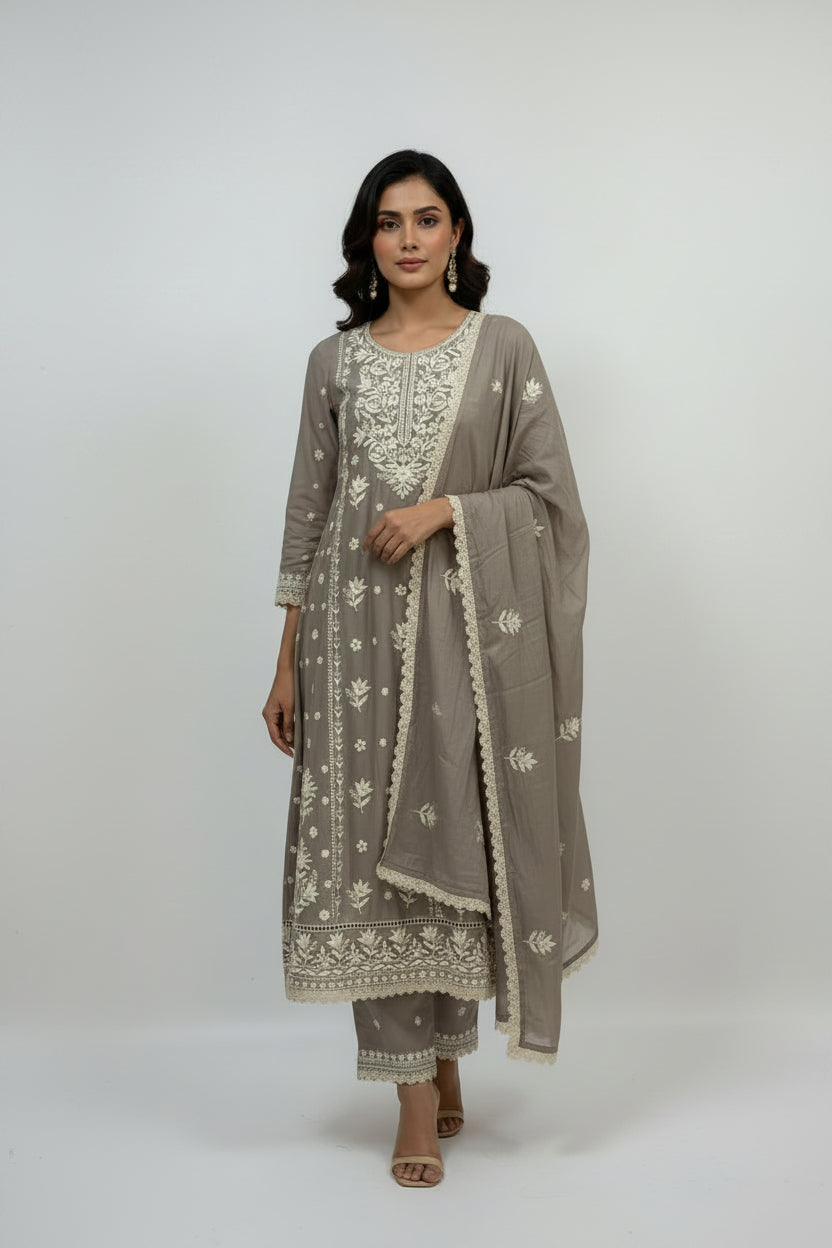 Grey mul Cotton Anarkali Kurtha with Hakkoba work 461