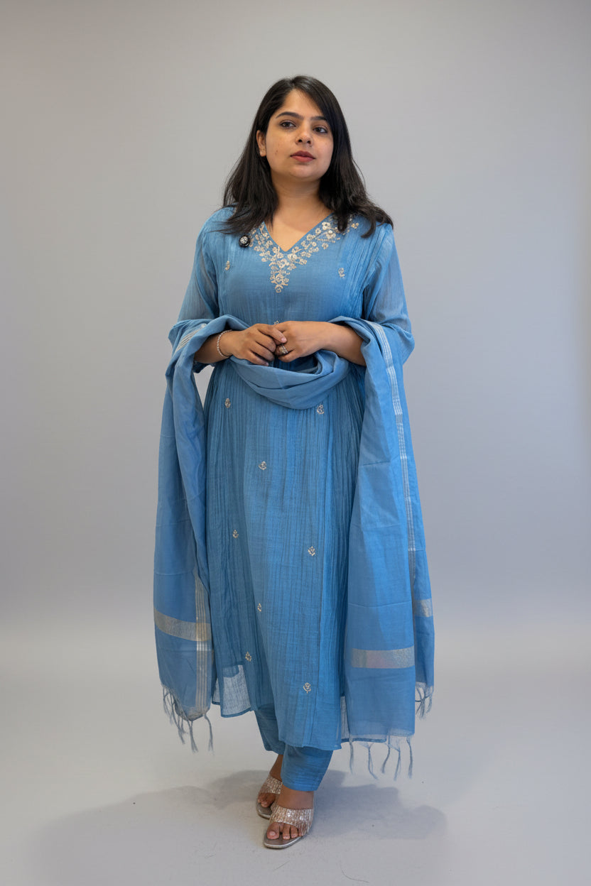 Blue  Mul Chanderi Anarkali Handwork Kurtha 127