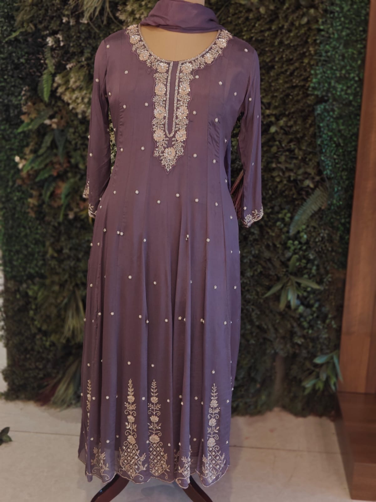 Purple Anarkali chinnon handwork party ware Kurtha 567