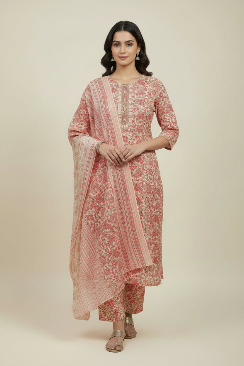Pink Cotton Block Print Straight Fit Kurtha