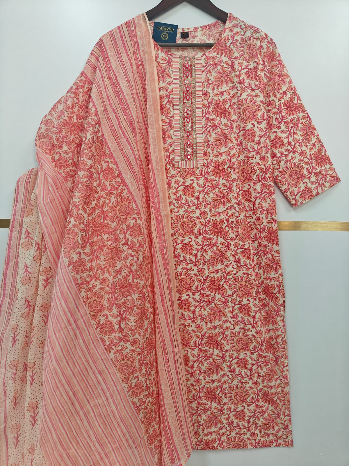 Pink Cotton Block Print Straight Fit Kurtha