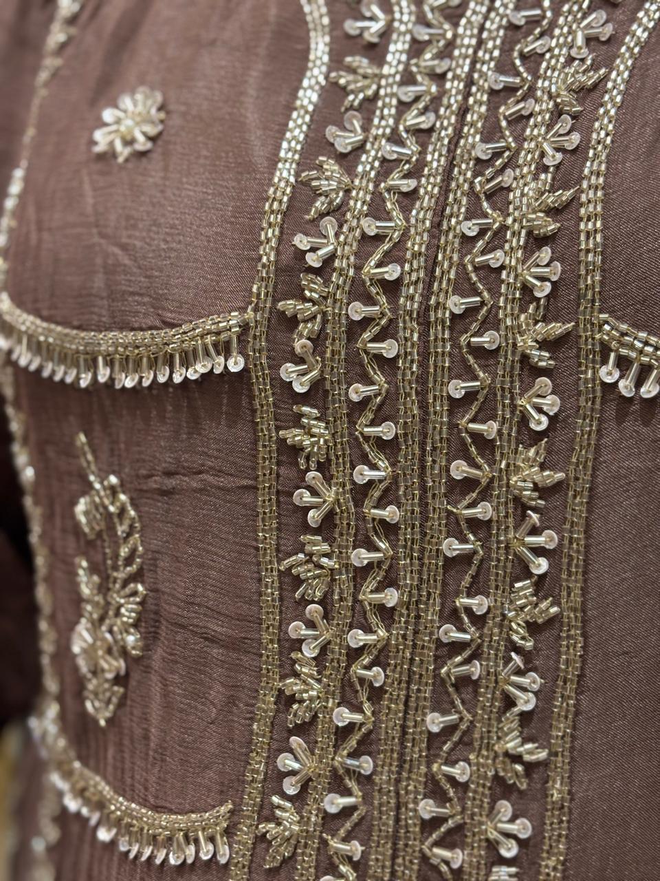 Brown Chinnon Hand Embroidery Sharara Kurtha 901