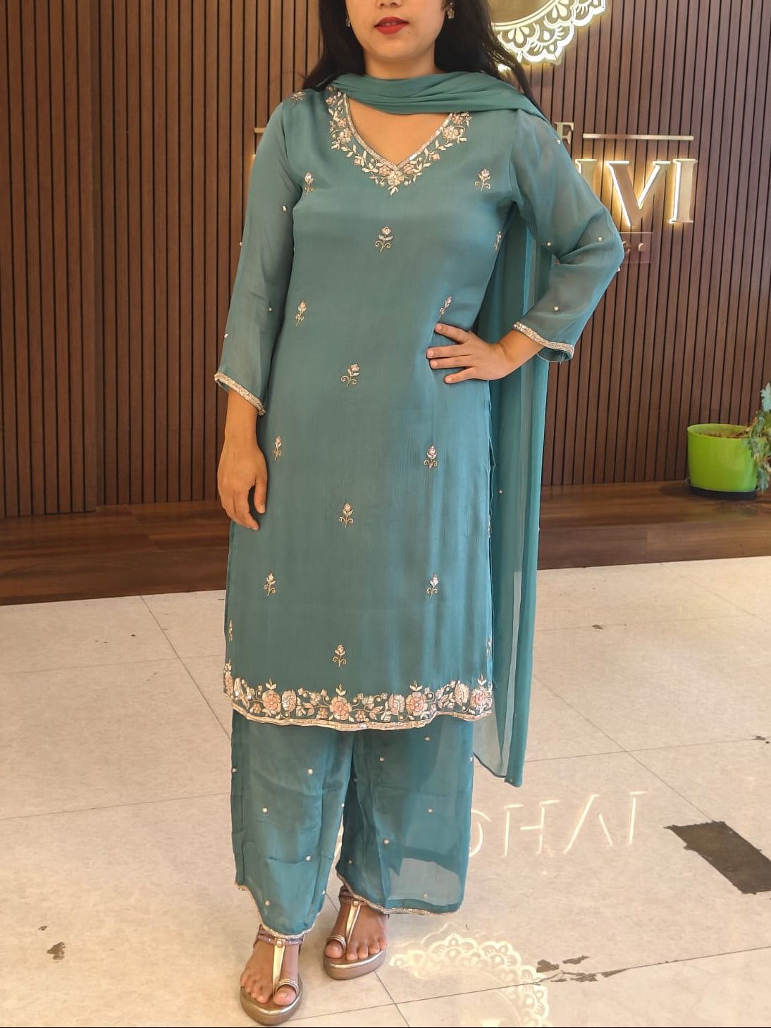 "Boomi" Sea Blue Designer Hand Embroidery Sharara party Kurtha set 301